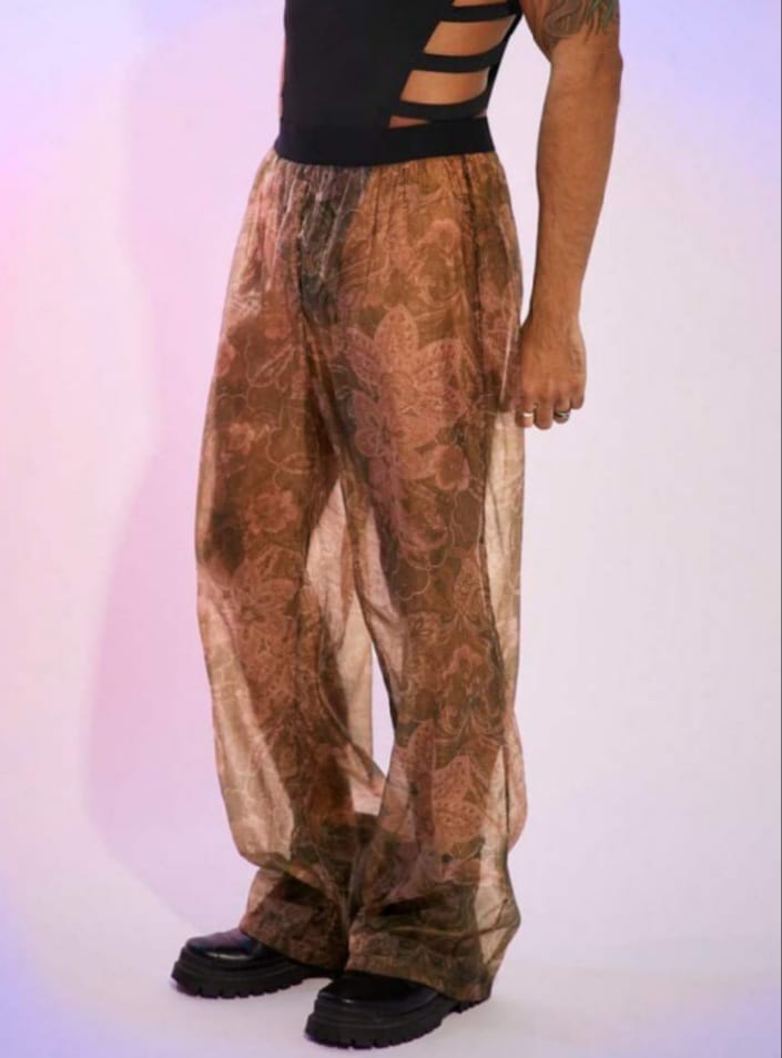 Men's Floral Print Mesh Wide Lag Stylish Lounge Pants